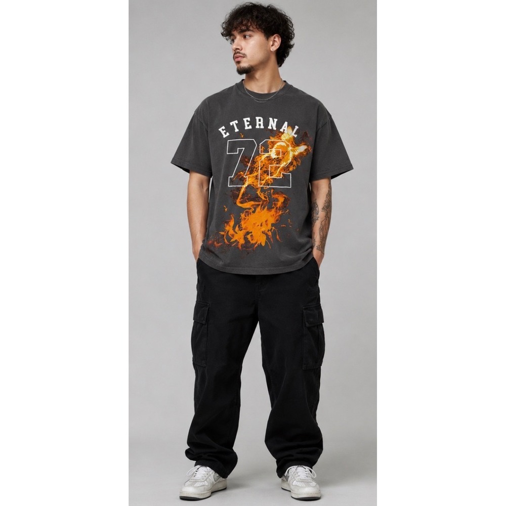 boohooMAN Eternal 72 Graphic T-Shirt Mens Medium Charcoal Gray Fire Print Cotton